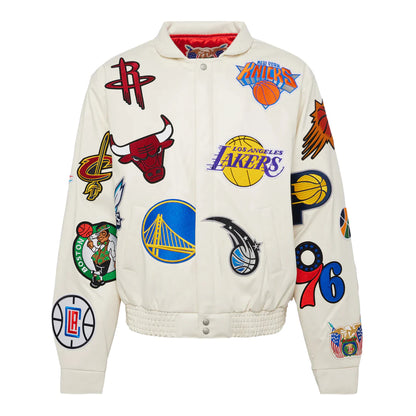 NBA COLLAGE VEGAN LEATHER JACKET White