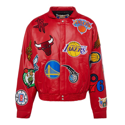 NBA COLLAGE VEGAN LEATHER JACKET Red