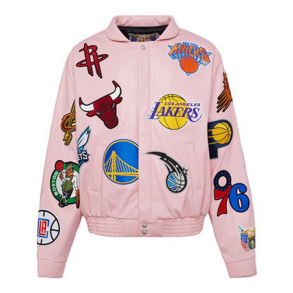 NBA COLLAGE VEGAN LEATHER JACKET Pink