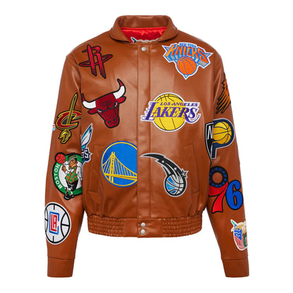 NBA COLLAGE VEGAN LEATHER JACKET Camel