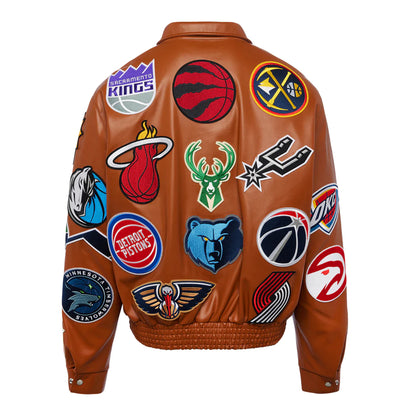 NBA COLLAGE VEGAN LEATHER JACKET Camel