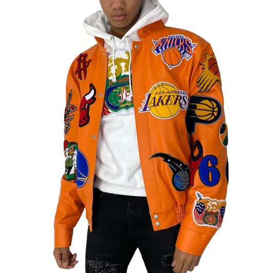 NBA COLLAGE VEGAN LEATHER JACKET Orange