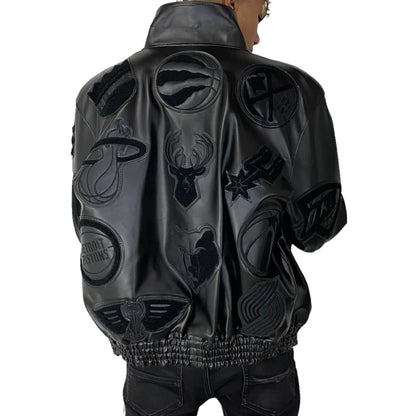 NBA COLLAGE VEGAN LEATHER JACKET Black on Black