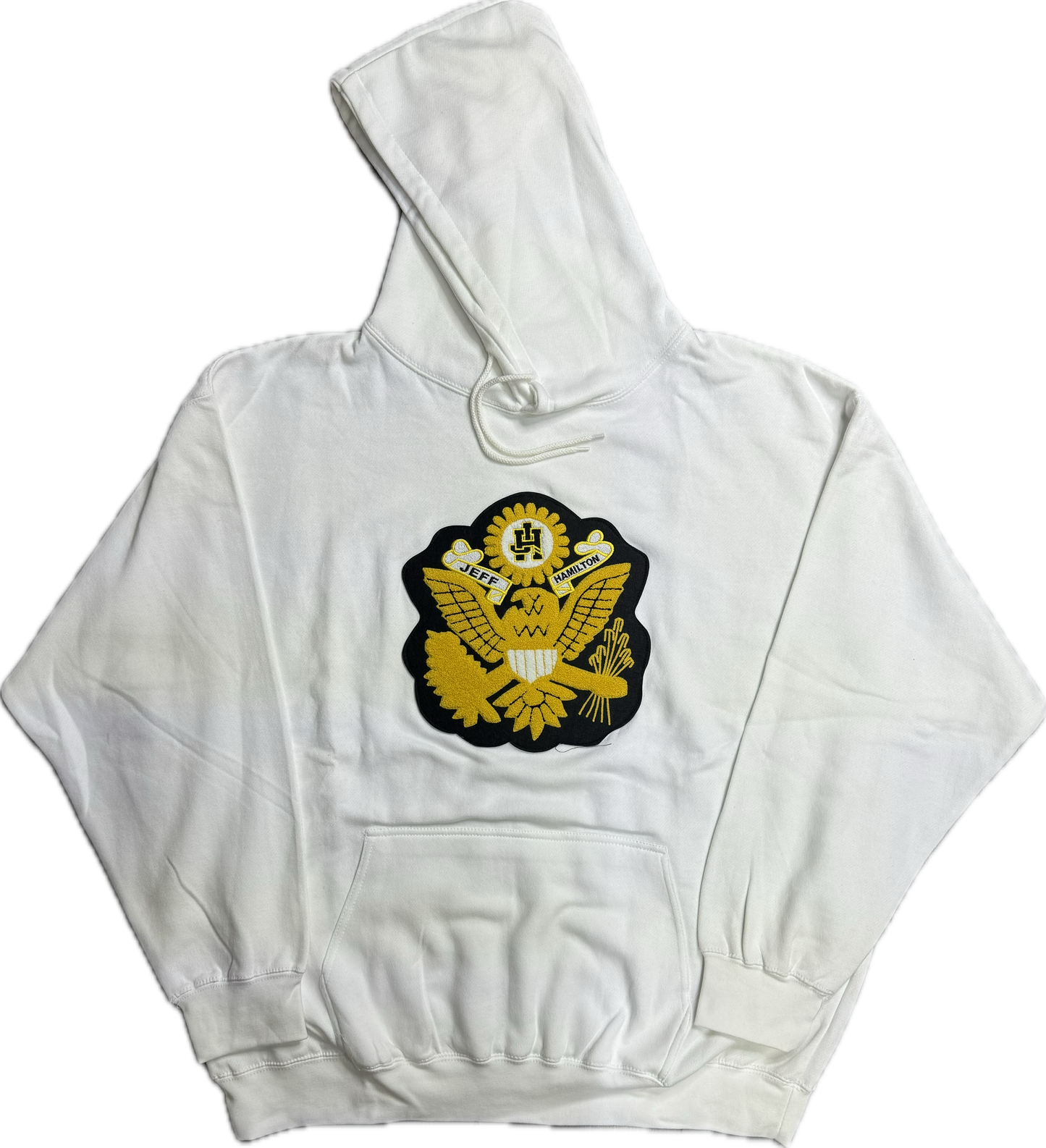 JEFF HAMITLON BLACK AND YELLOW EAGLE PATCH WHITE HOODIE