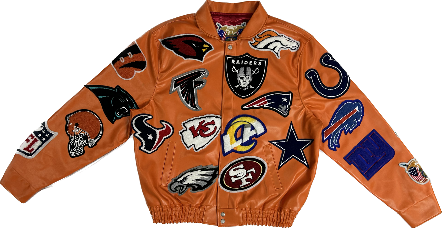 NFL COLLAGE VEGAN LEATHER JACKET Orange