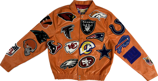 NFL COLLAGE VEGAN LEATHER JACKET Orange