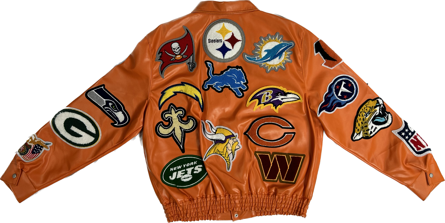 NFL COLLAGE VEGAN LEATHER JACKET Orange