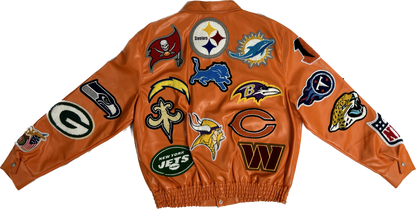 NFL COLLAGE VEGAN LEATHER JACKET Orange