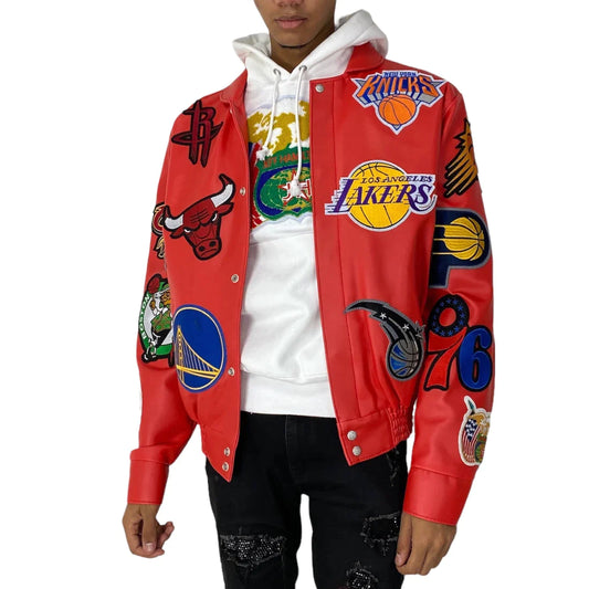 NBA COLLAGE VEGAN LEATHER JACKET Red