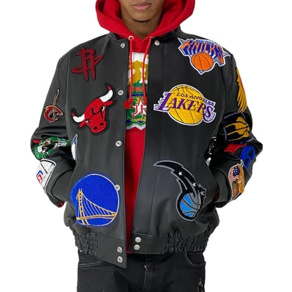 NBA COLLAGE VEGAN LEATHER JACKET Black