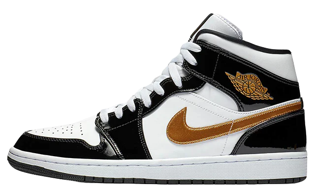 Air Jordan 1 Mid Patent Black White Gold